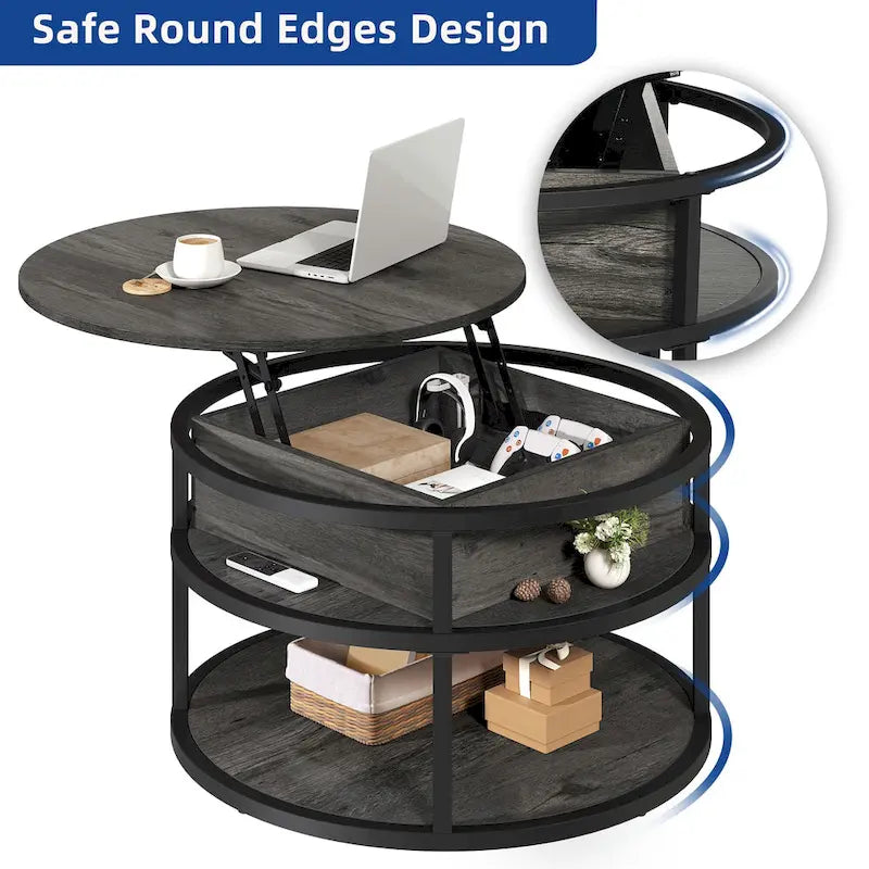 Table basse ronde relevable Moasis Farmhouse avec rangement dissimulé et étagère
