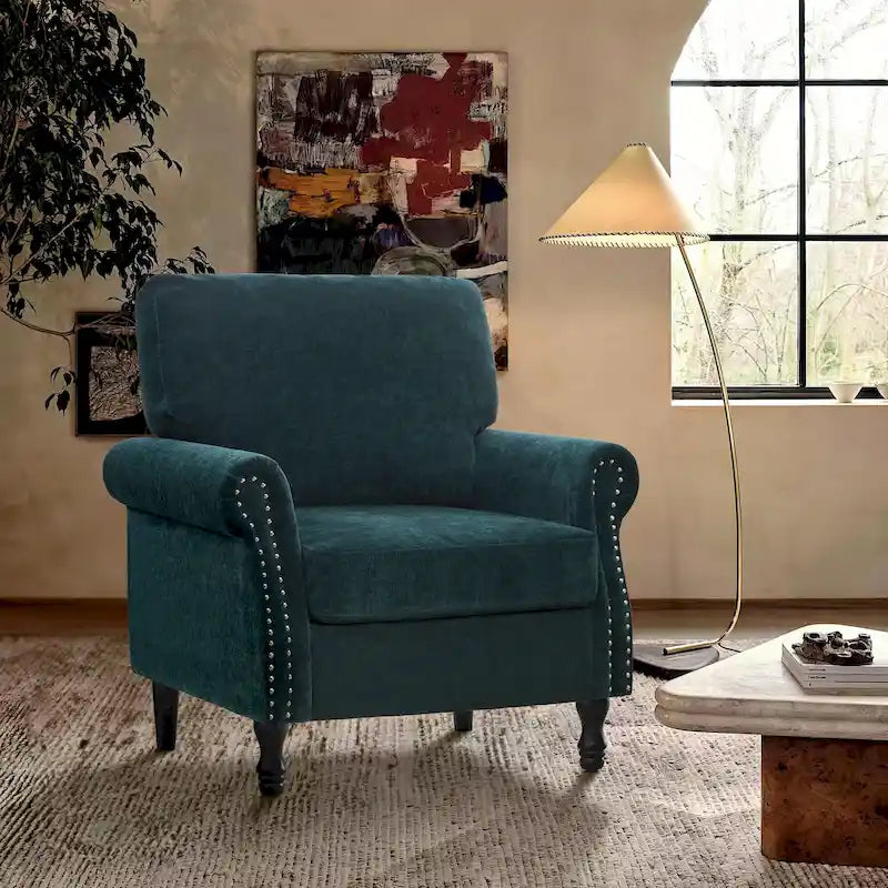 Fauteuil moderne rembourré avec clous décoratifs et pieds en bois
