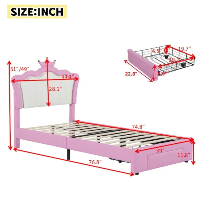 Cadre de lit double rembourré avec lumières LED, lit de princesse moderne rembourré avec tête de lit en forme de couronne, un tiroir, rose+blanc