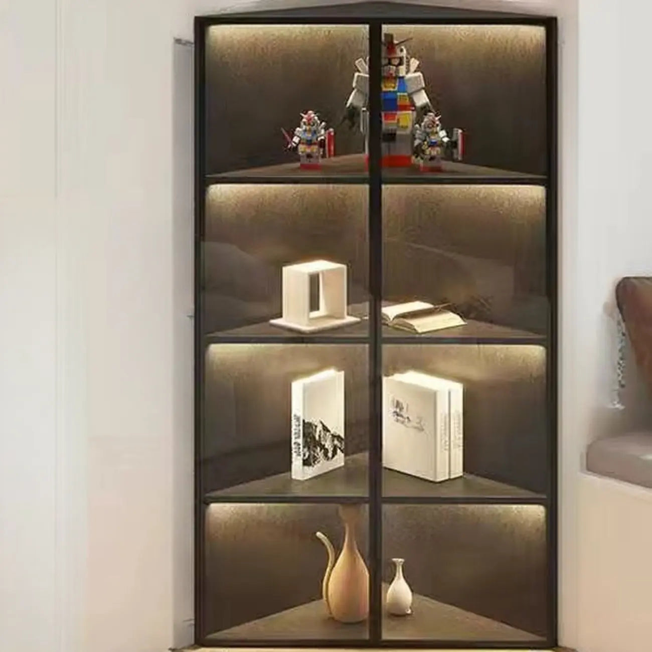 Meuble d'angle d'exposition moderne en bois et métal gris avec porte vitrée