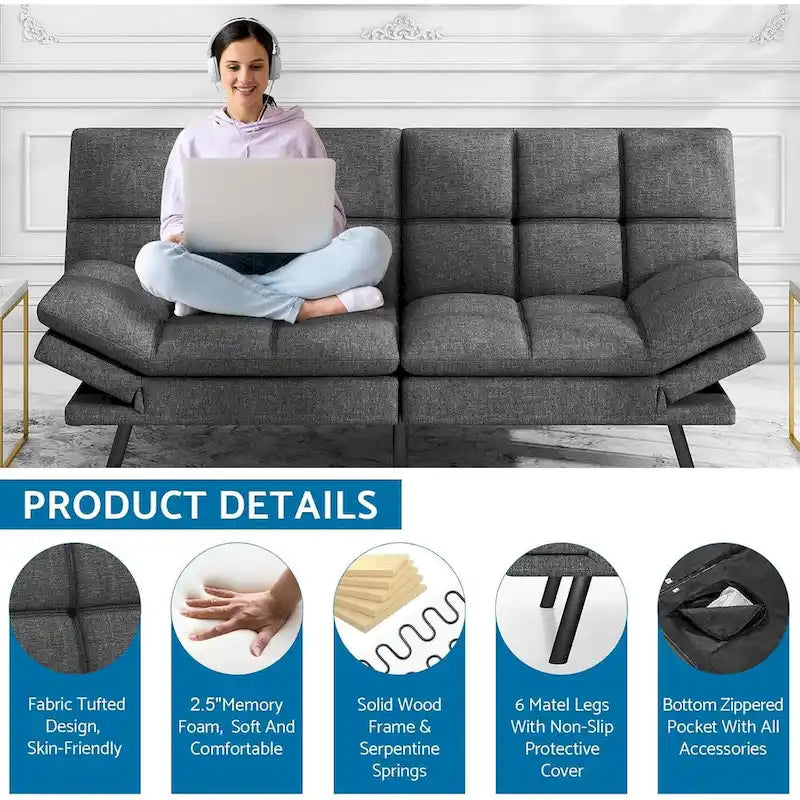 Canapé-lit futon en mousse à mémoire de forme convertible avec dossier inclinable réglable pour petits espaces