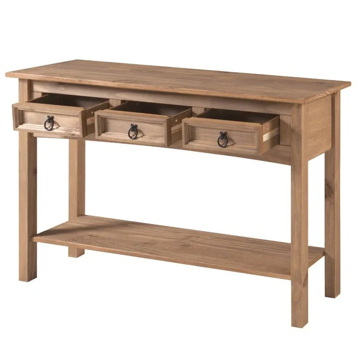 Console de couloir rustique en pin massif, blanc cérusé / marron antique / gris cérusé / non peinte, 3 tiroirs