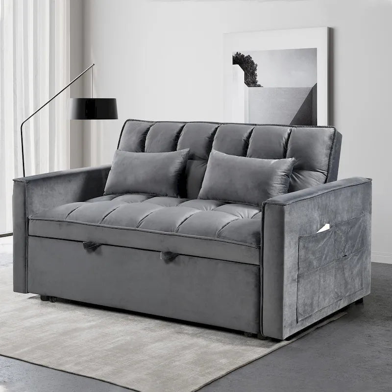 Causeuse moderne en velours avec dossier inclinable et poches, 2 places – Gris foncé / Gris clair / Bleu / Noir
