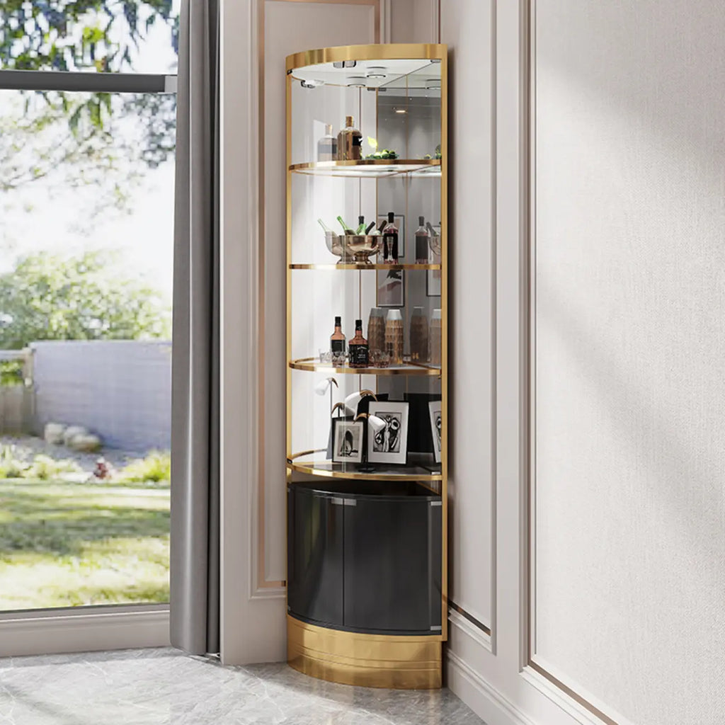 Meuble d'angle à vin avec étagères en verre et métal à plusieurs niveaux