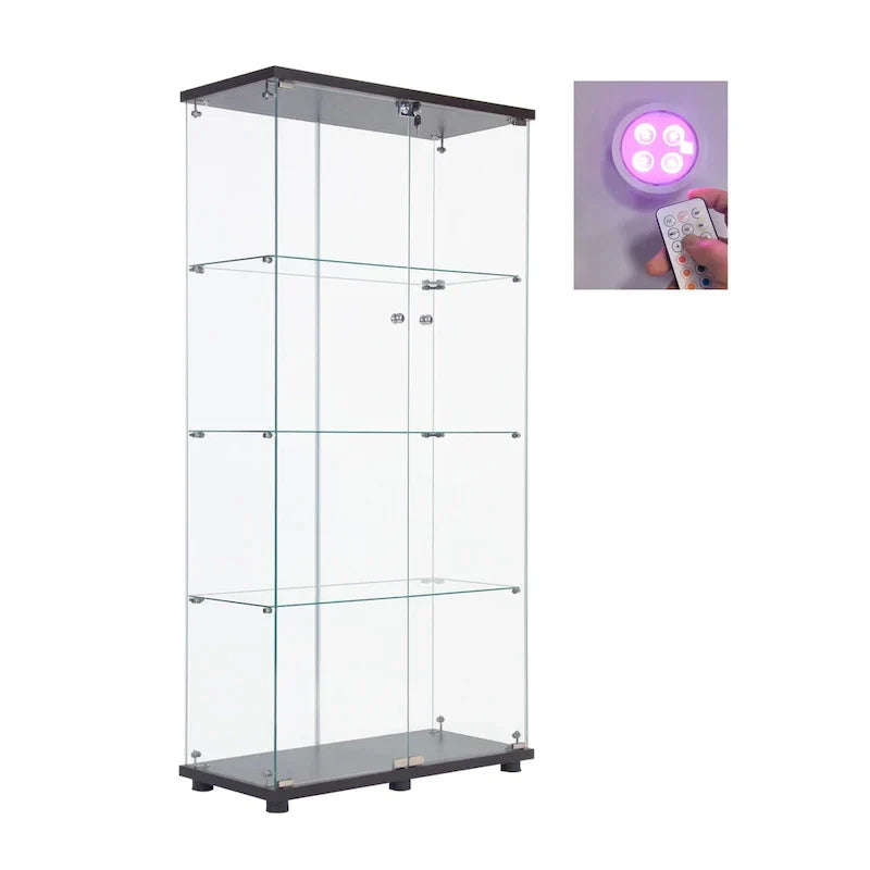 Vitrine en verre éclairée à deux portes avec 4 étagères, noire