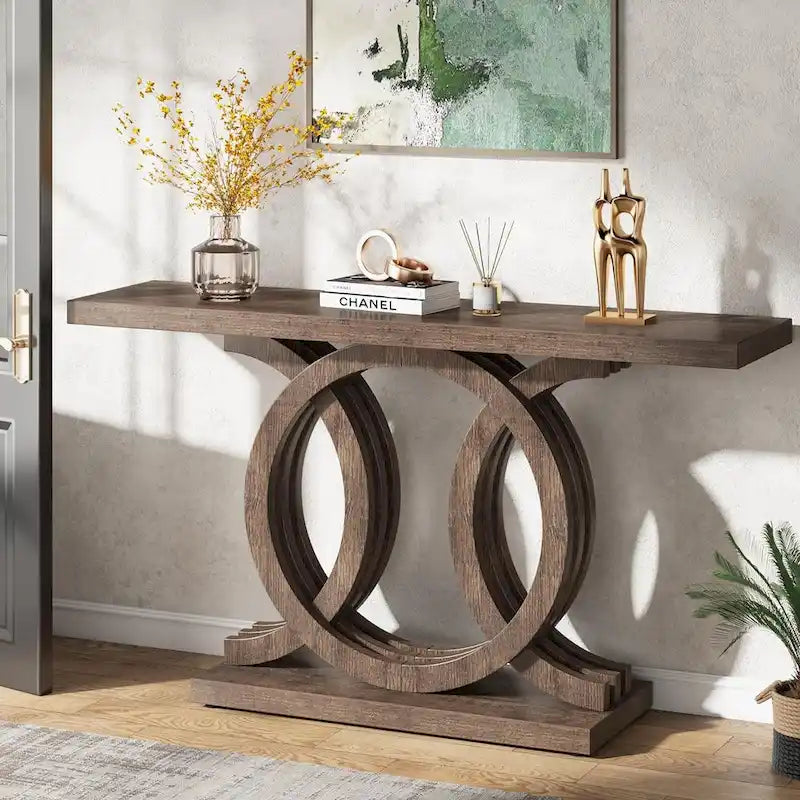 Console de style vintage avec base géométrique, table de couloir en bois
