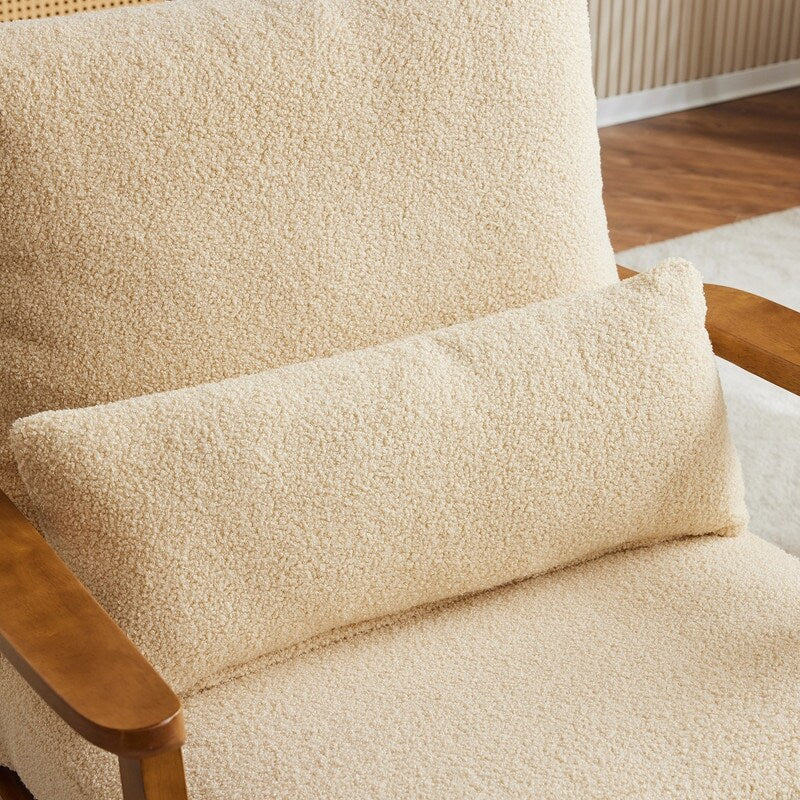 Fauteuil d'appoint rembourré en mélange de lin avec pieds en bois et un oreiller beige