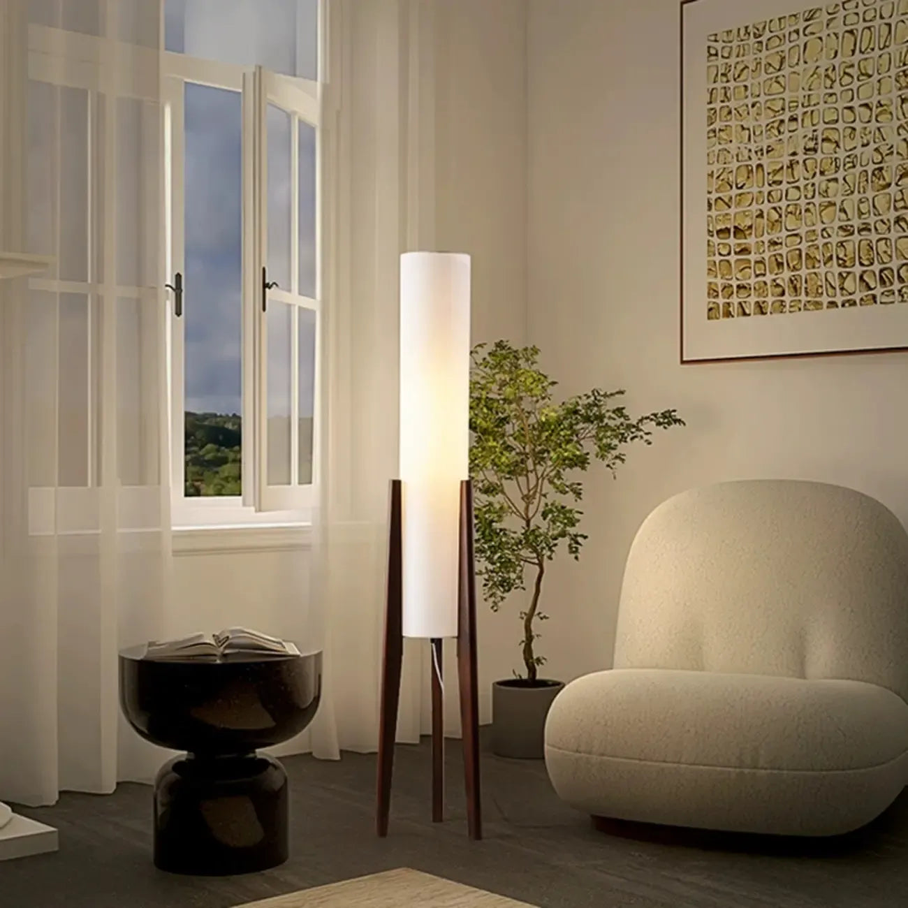 Lampadaires LED en bois vintage avec abat-jour en tissu