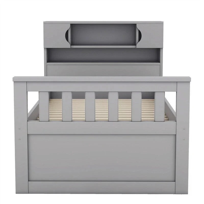 Lit plateforme capitaine double/grand avec 4 tiroirs et étagères de rangement, cadre de lit en bois massif avec tête de lit bibliothèque de rangement