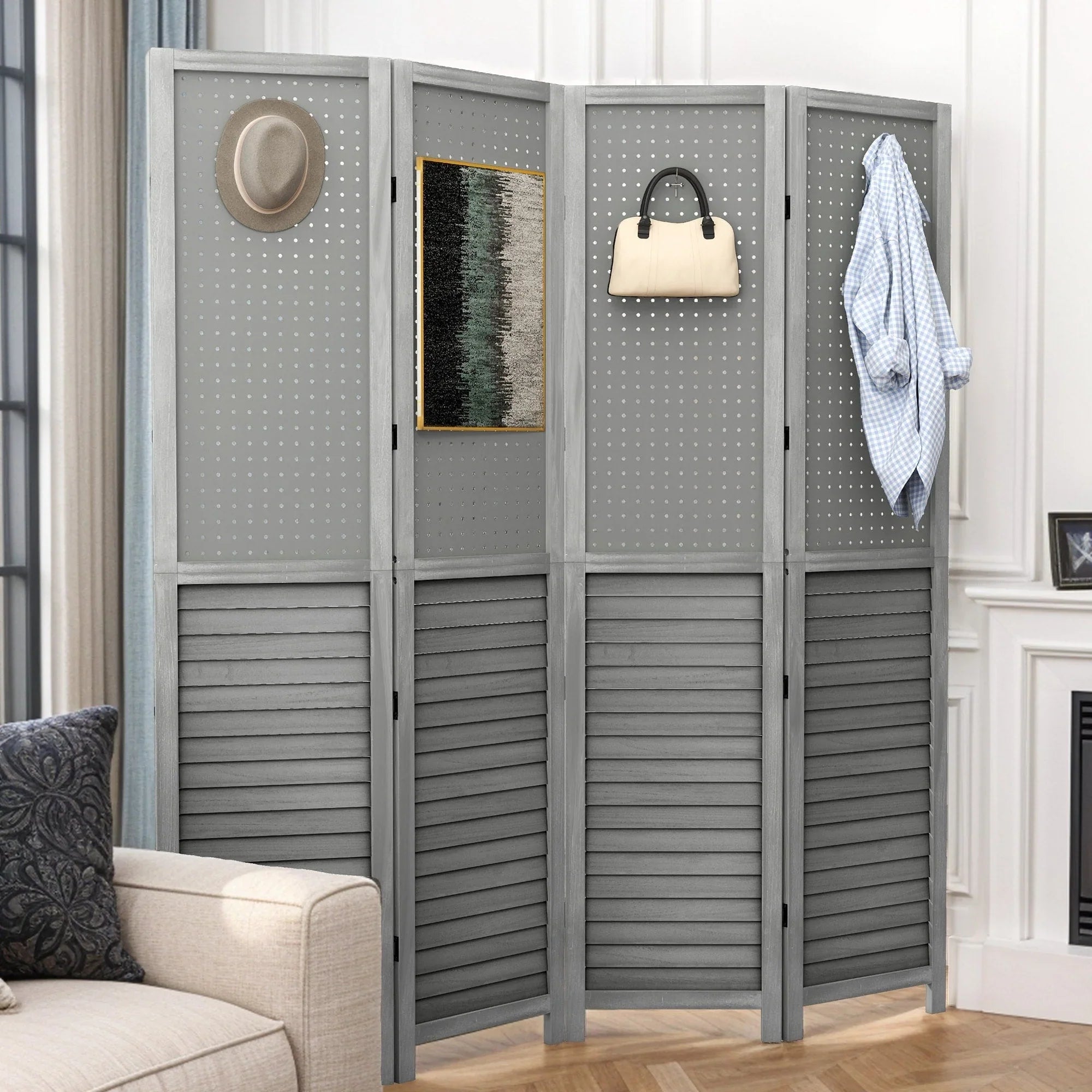 Séparateur de pièce en bois 4 panneaux Moasis 67 blanc