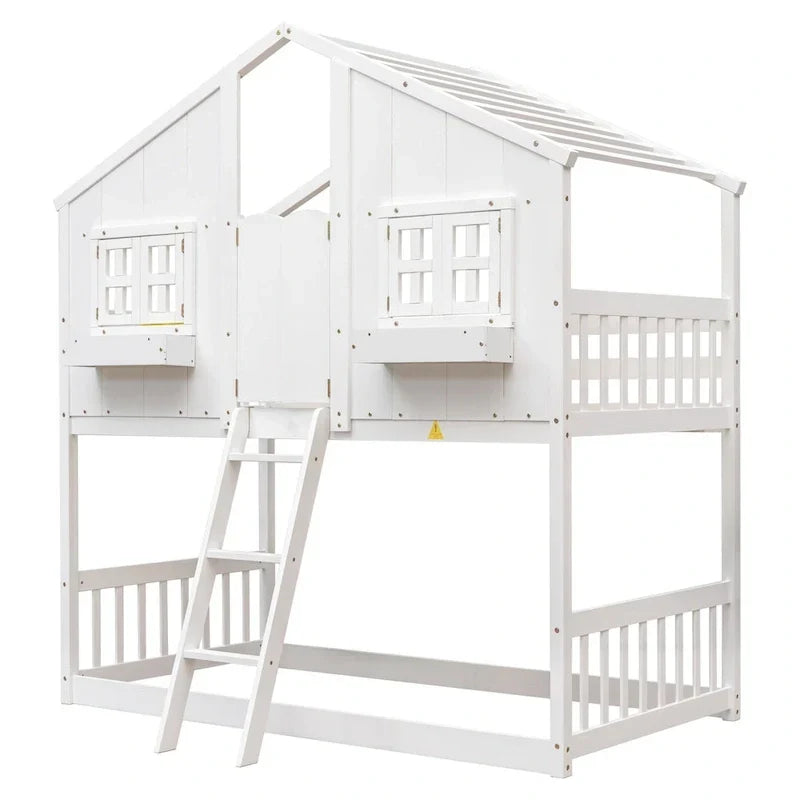 Lit superposé cabane jumeau sur jumeau avec toit, fenêtre, jardinière, porte, barrières de sécurité et échelle, gris