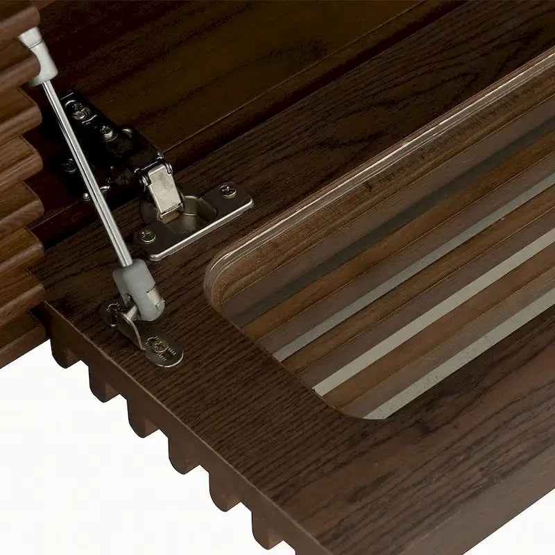 Meuble TV minimaliste avec tiroirsConsole multimédia en bois massif avec placards, porte abattante, placage noyer, entièrement assemblé