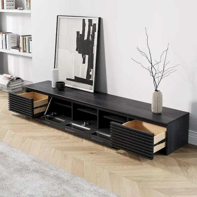 Meuble TV minimaliste avec tiroirsConsole multimédia en bois massif avec placards, porte abattante, placage noyer, entièrement assemblé