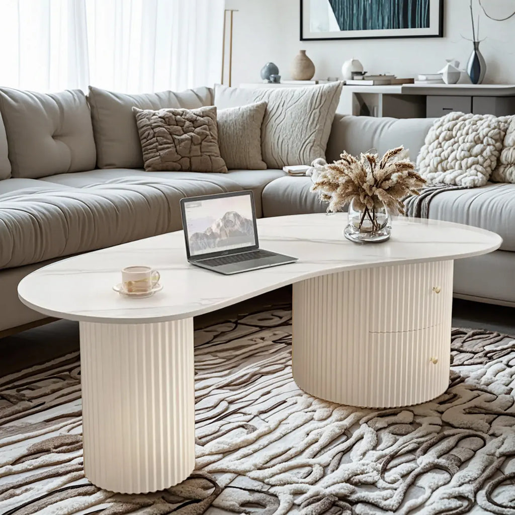 Table basse ovale standard blanche minimaliste avec 2 tiroirs