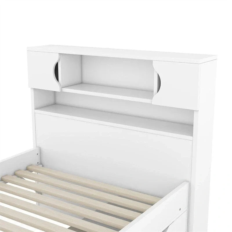 Lit plateforme capitaine double/grand avec 4 tiroirs et étagères de rangement, cadre de lit en bois massif avec tête de lit bibliothèque de rangement