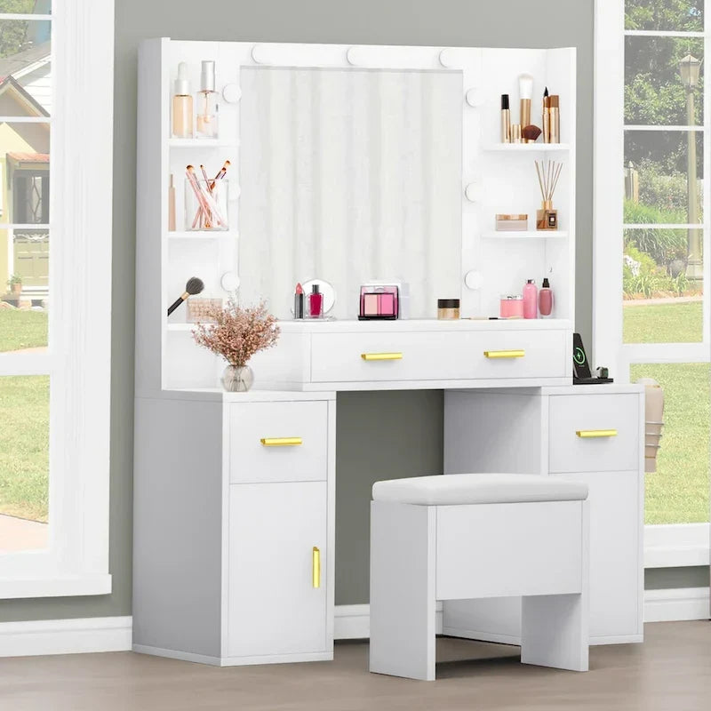 Coiffeuse avec prises intégrées et miroir éclairé, 55,1H x 43,3L x 15,74P