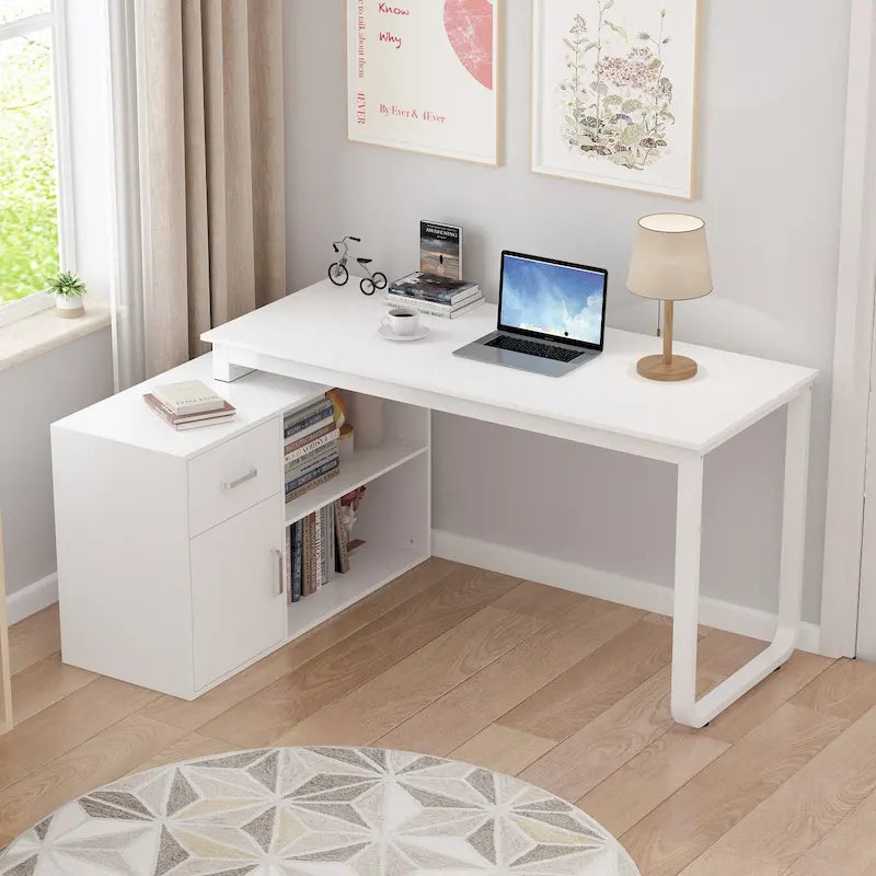 Bureau d'angle réversible blanc pivotant Bureau d'ordinateur