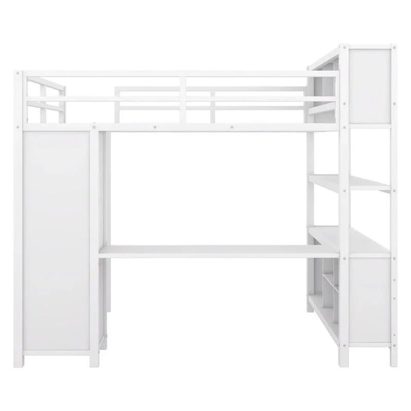 Lit mezzanine en métal blanc cassé avec bureau et armoire - Grand lit