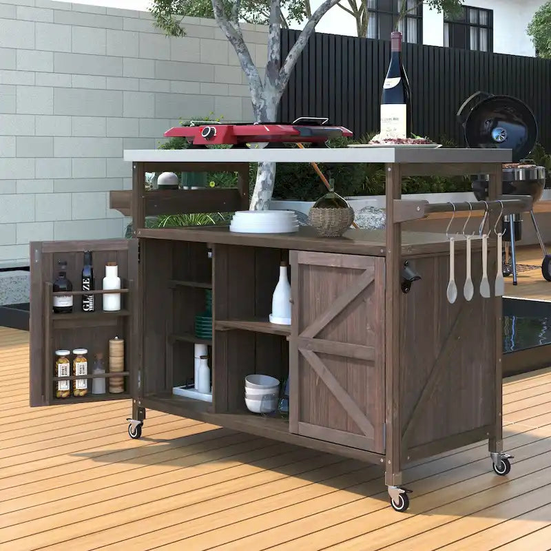 Îlot de cuisine extérieur, chariot de bar roulant et meuble de rangement, table de grillade en bois massif avec plateau en acier inoxydable, porte-épices, porte-serviettes