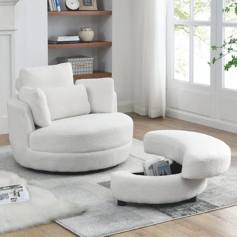 Fauteuil crapaud pivotant surdimensionné avec pouf de rangement lune