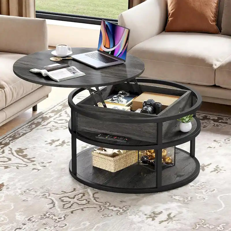 Table basse ronde relevable Moasis Farmhouse avec rangement dissimulé et étagère