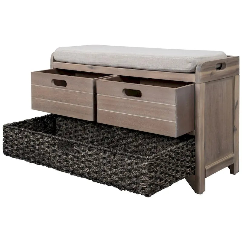 Banc de rangement en bois avec 2 paniers tressés