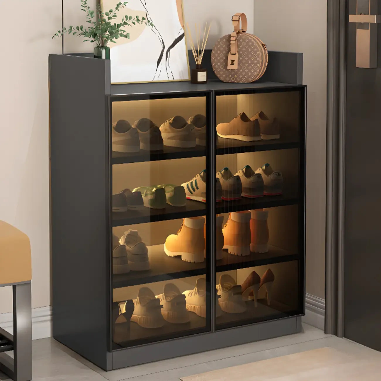 Meuble à chaussures éclairé par LED avec étagères réglables Portes transparentes