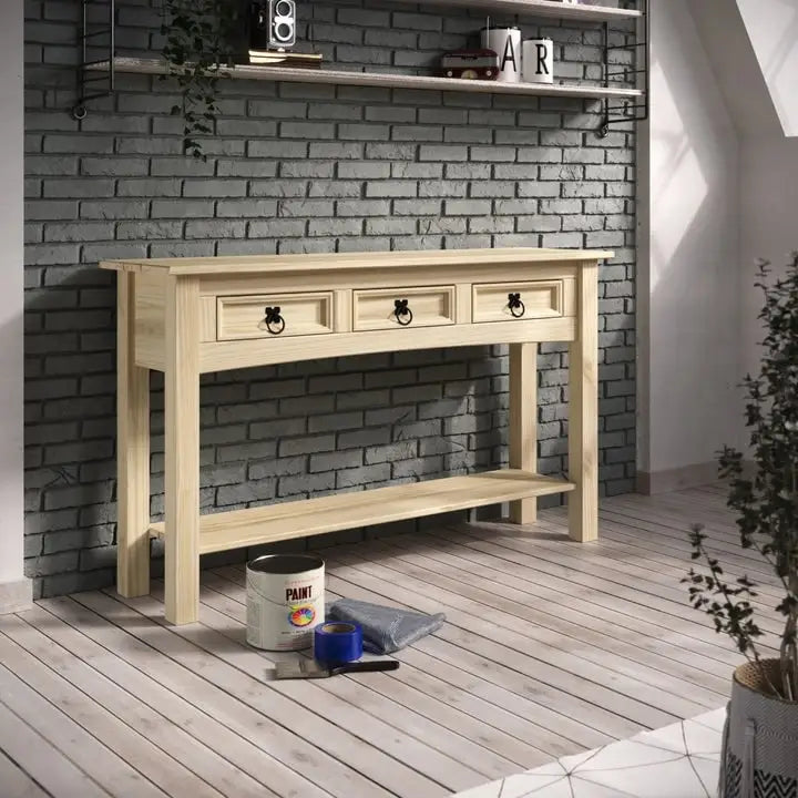 Console de couloir rustique en pin massif, blanc cérusé / marron antique / gris cérusé / non peinte, 3 tiroirs