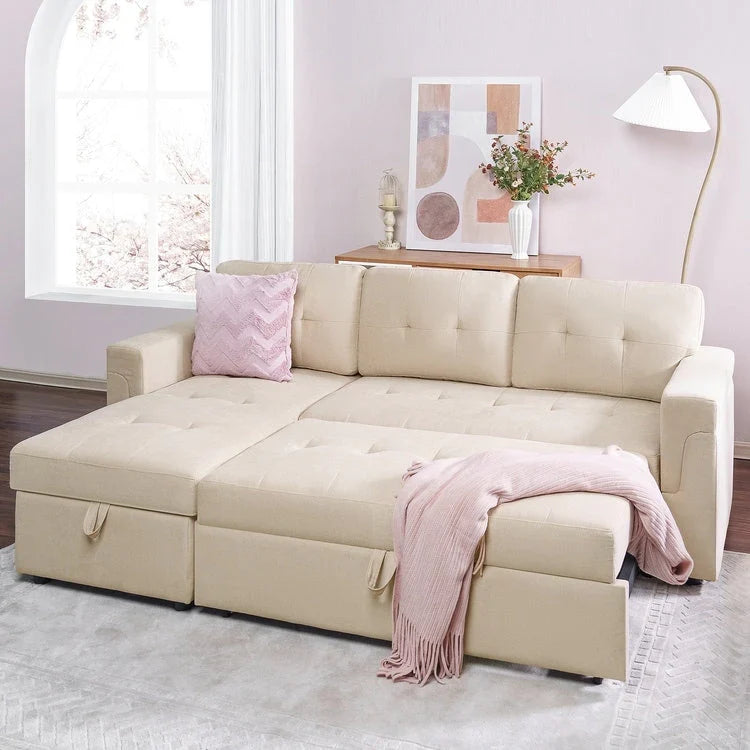 Canapé d'angle réversible avec lit gigogne, méridienne de rangement, pieds durables,