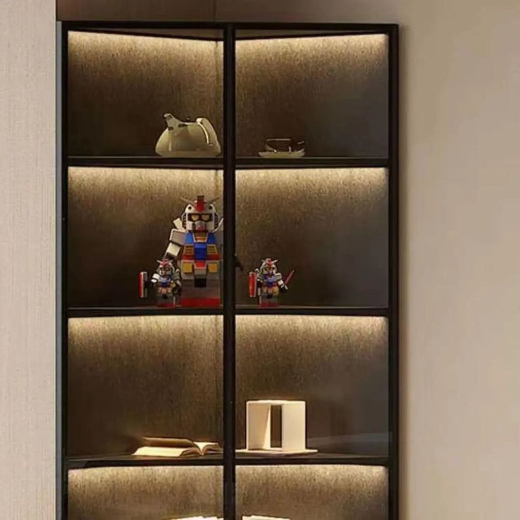 Meuble d'angle d'exposition moderne en bois et métal gris avec porte vitrée