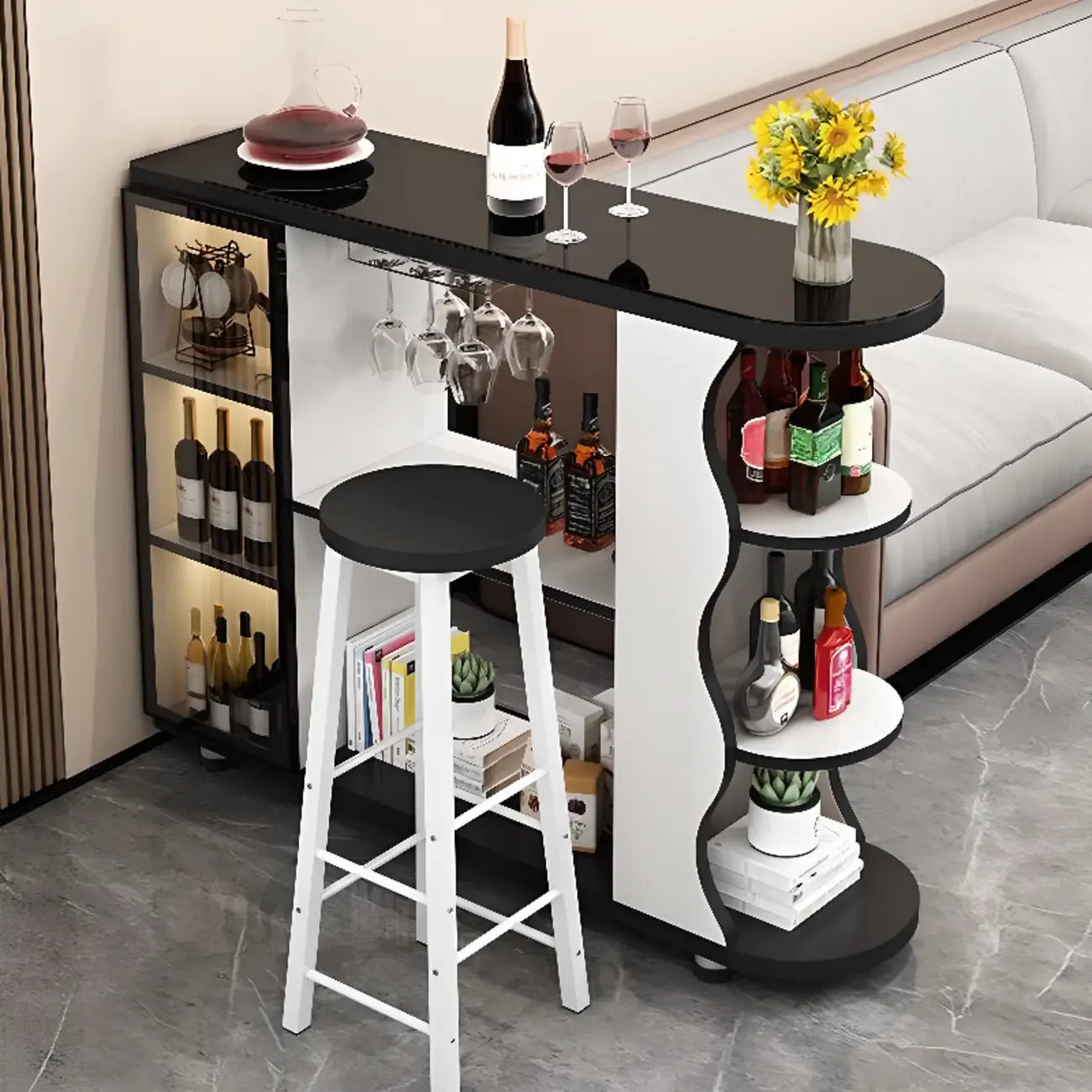 Table de bar contemporaine en pierre à plateau libre avec rangement pour bars à domicile