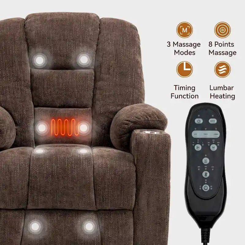 Fauteuil inclinable Power Lift avec massage et chaleur, fauteuils inclinables larges et rembourrés Lazy Boy avec ports USB, Type C et 2 porte-gobelets en acier