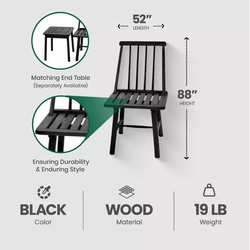 Chaise sans accoudoirs en bois dur indonésien, style ferme, capacité de 113 kg, intérieur et extérieur, noire