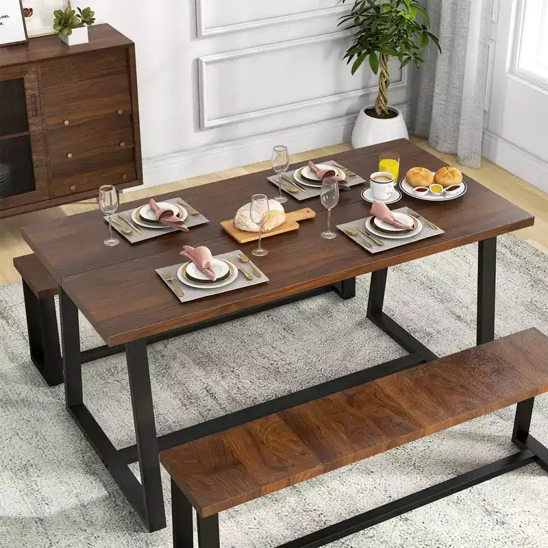 Table à manger moderne de 160 cm pour 4-6 personnes, cadre en métal robuste, finition noire ou café