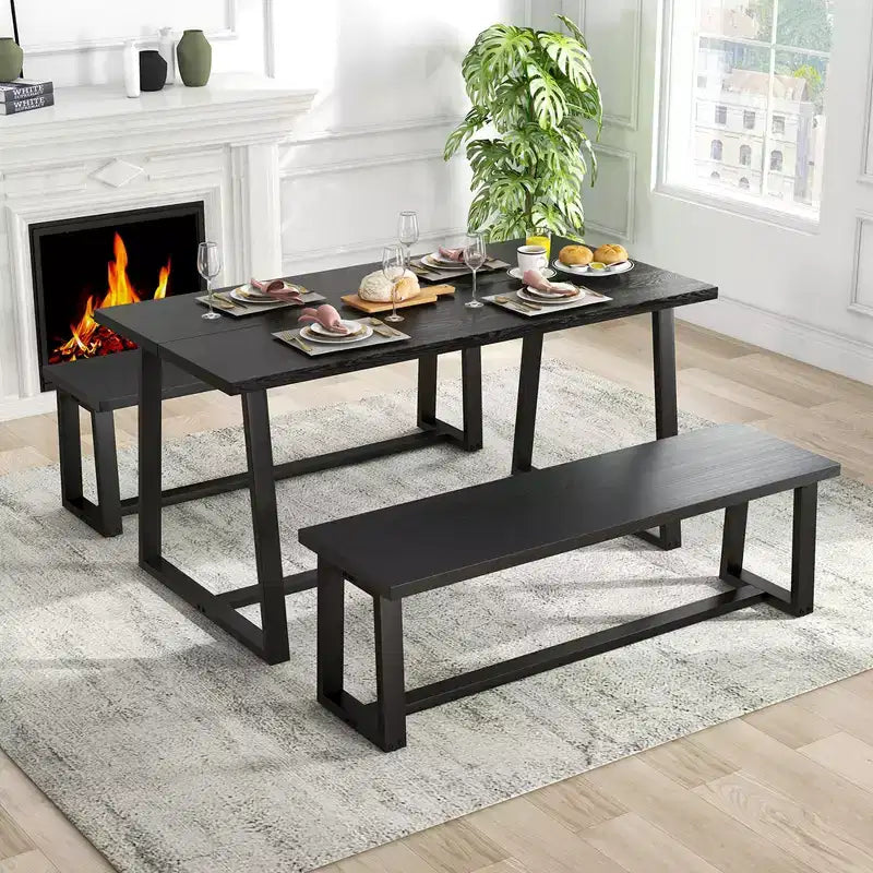 Table à manger moderne de 160 cm pour 4-6 personnes, cadre en métal robuste, finition noire ou café