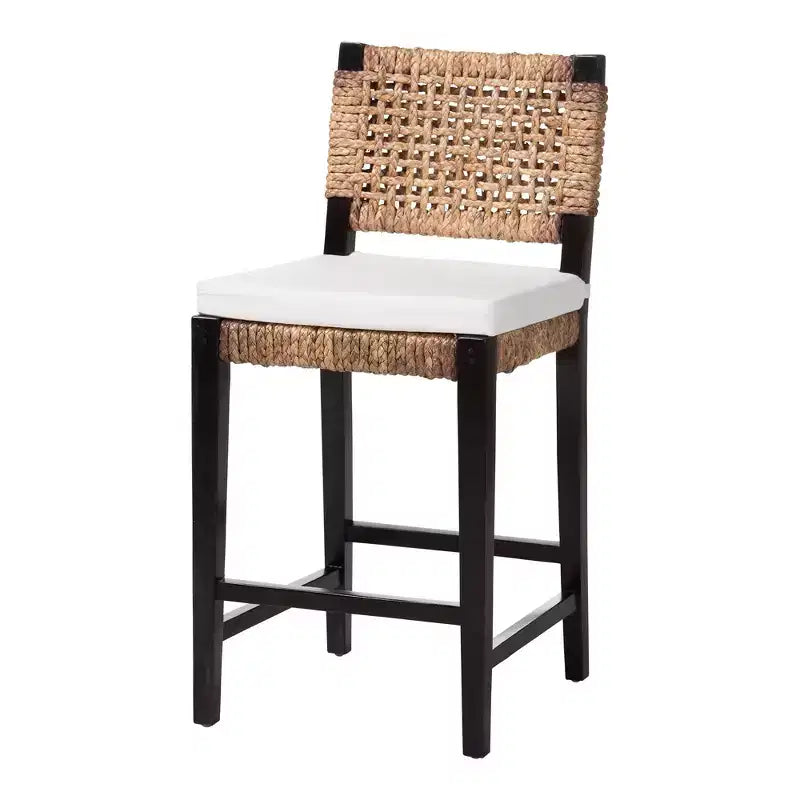 Tabouret de comptoir bali & pari Bohème Moderne, Acajou Marron Foncé & Jonc de mer, Dossier Tressé