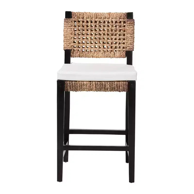 Tabouret de comptoir bali & pari Bohème Moderne, Acajou Marron Foncé & Jonc de mer, Dossier Tressé