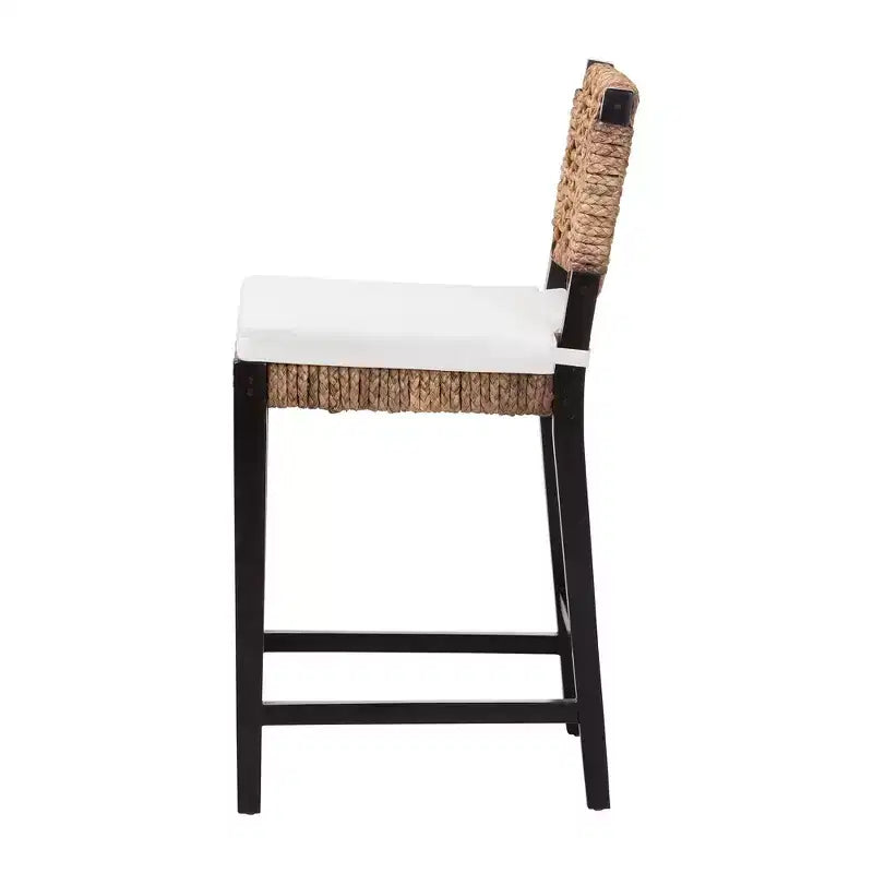 Tabouret de comptoir bali & pari Bohème Moderne, Acajou Marron Foncé & Jonc de mer, Dossier Tressé