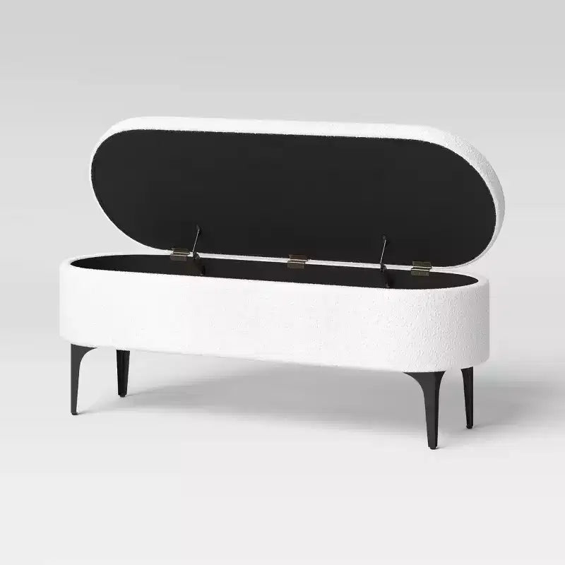 Banc de rangement en bouclette crème avec pieds en métal, design ovale sans accoudoirs