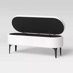 Banc de rangement en bouclette crème avec pieds en métal, design ovale sans accoudoirs