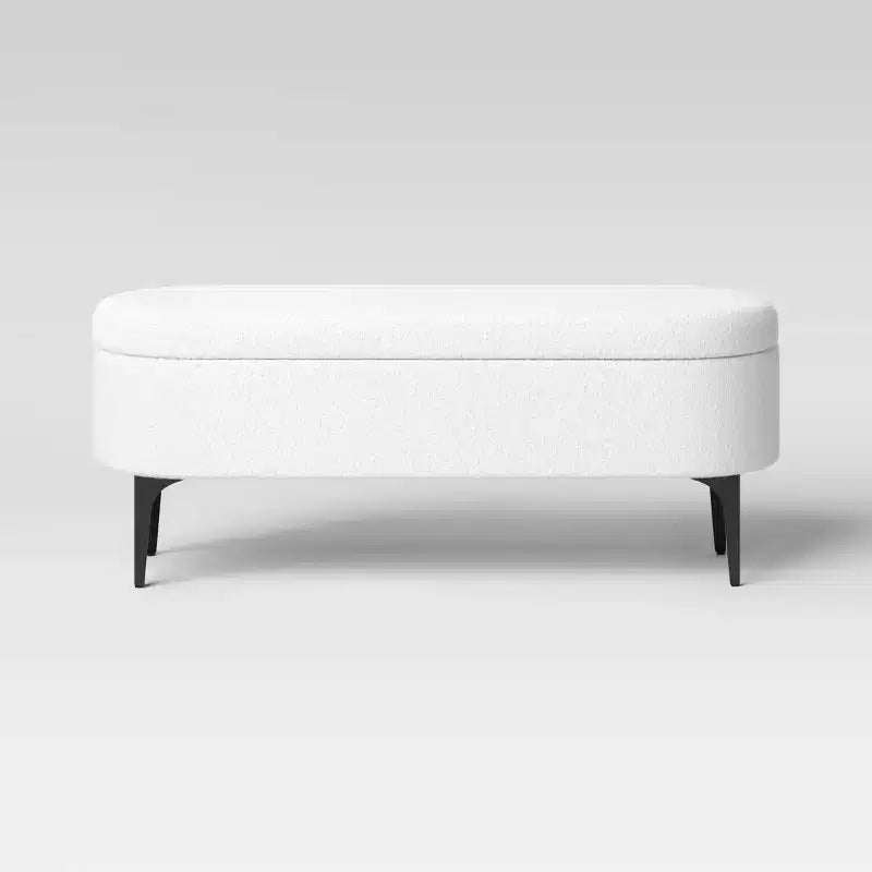 Banc de rangement en bouclette crème avec pieds en métal, design ovale sans accoudoirs