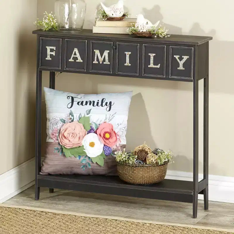 Console en métal galvanisé avec rangement dissimulé et mots décoratifs, 80 cm (L)