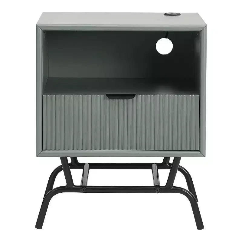 Table d'appoint moderne avec ports USB, 1 tiroir et étagère ouverte, noir et vert, 45,7 cm L