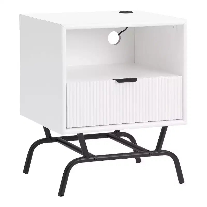 Table d'appoint moderne avec ports USB, 1 tiroir et étagère ouverte, noir et vert, 45,7 cm L