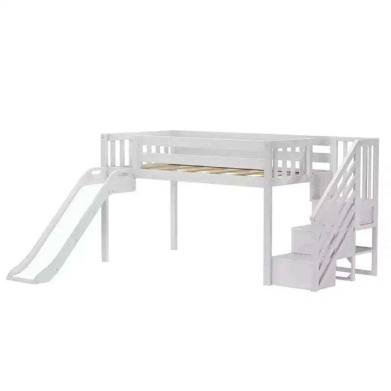 Lit mezzanine jumeau pour enfants avec toboggan et escalier, bois massif, garde-corps de 35,5 cm, capacité de 181 kg
