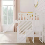 Lit mezzanine jumeau pour enfants avec toboggan et escalier, bois massif, garde-corps de 35,5 cm, capacité de 181 kg