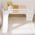 Lit mezzanine jumeau pour enfants avec toboggan et escalier, bois massif, garde-corps de 35,5 cm, capacité de 181 kg