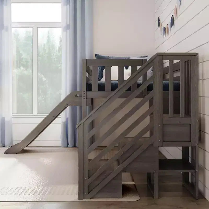 Lit mezzanine jumeau pour enfants avec toboggan et escalier, bois massif, garde-corps de 35,5 cm, capacité de 181 kg