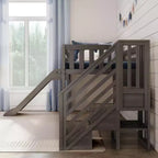 Lit mezzanine jumeau pour enfants avec toboggan et escalier, bois massif, garde-corps de 35,5 cm, capacité de 181 kg