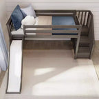 Lit mezzanine jumeau pour enfants avec toboggan et escalier, bois massif, garde-corps de 35,5 cm, capacité de 181 kg